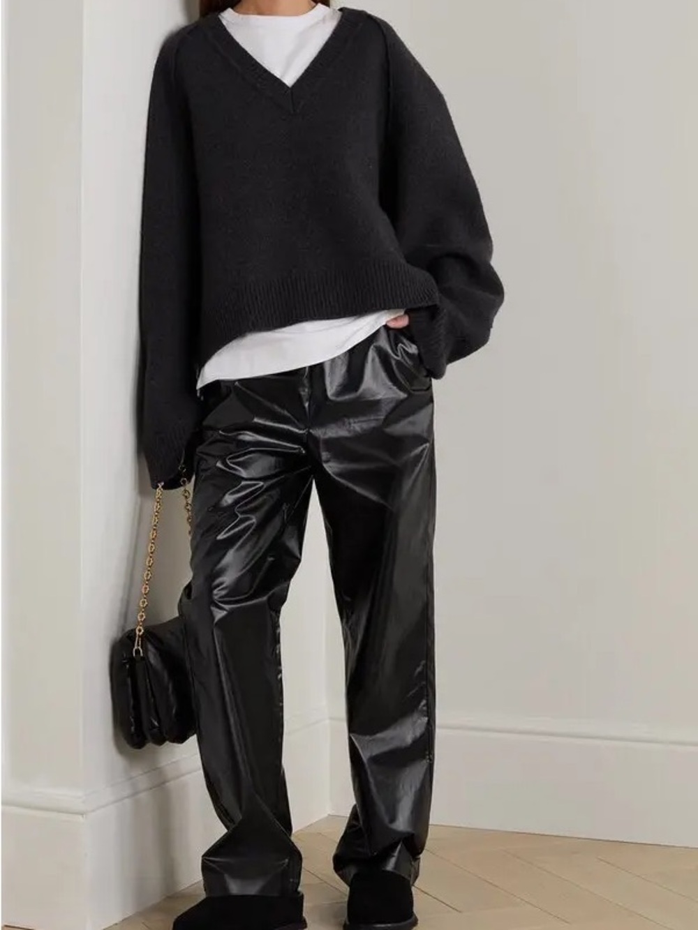 KASSL EDITIONS High Shine Wide Leg Pull On Black Faux Leather Pants Trousers